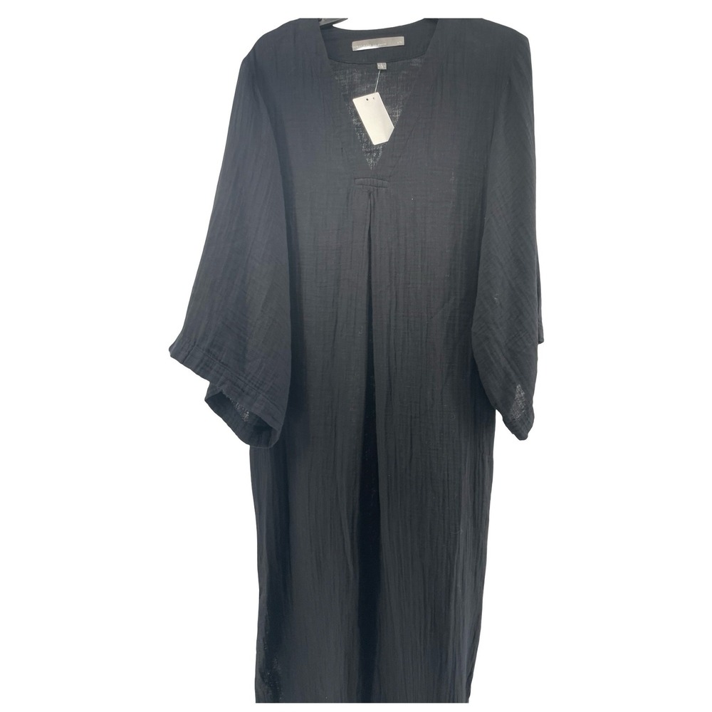 Ocean+Main Women Caftan Dress Modern Black Cotton Gauze Small/Medium